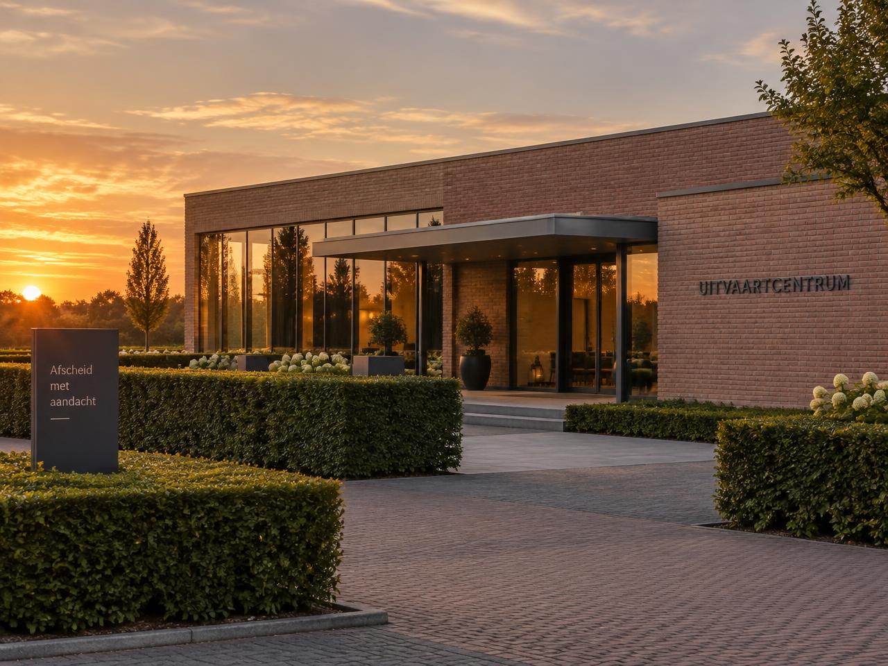 Uitvaartcentrum bij avondlicht